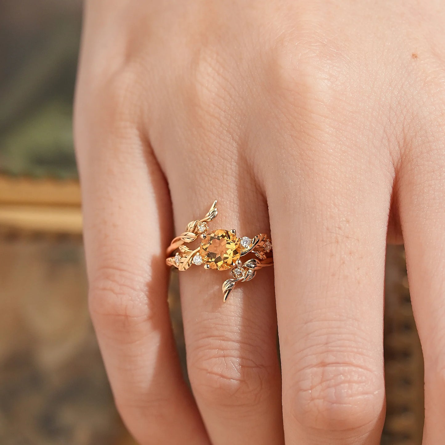 Round Cut Citrine Nature Inspired Bridal Ring Set With Enhancer - Nyx