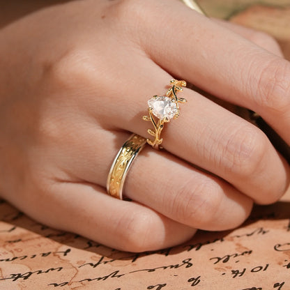 Pear Cut Moissanite Mixed Metal Leaf Inspired Couple Ring Set - Clementine & Moore