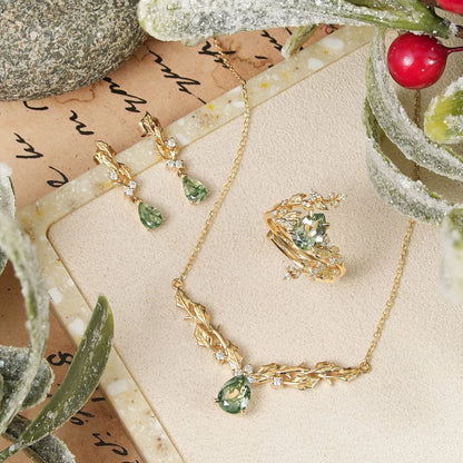 Pear Cut Jewelry Sets Leaf Inspired Mistletoe Gift For Her - Bridal Enhancer Set & Necklace & Earrings