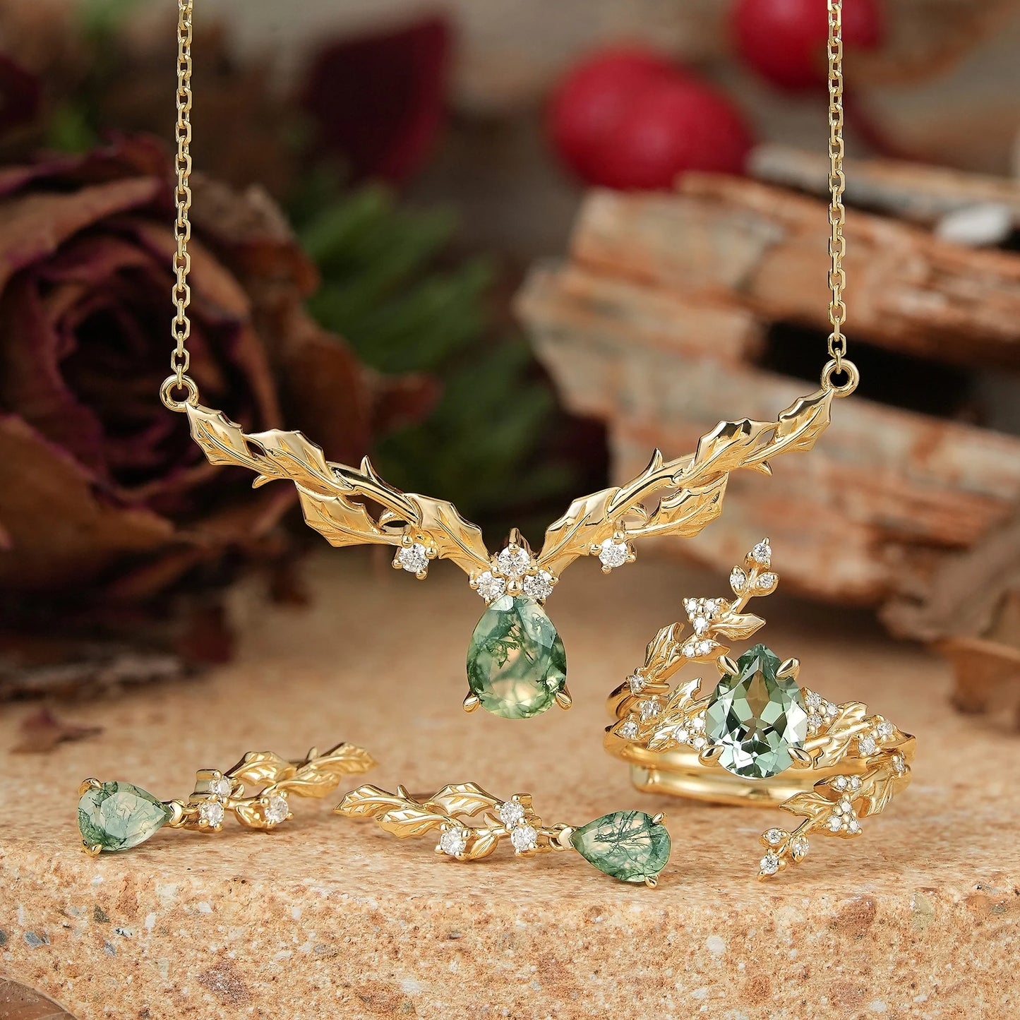 Pear Cut Jewelry Sets Leaf Inspired Mistletoe Gift For Her - Bridal Enhancer Set & Necklace & Earrings