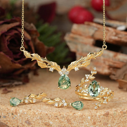 Pear Cut Jewelry Sets Leaf Inspired Mistletoe Gift For Her - Bridal Enhancer Set & Necklace & Earrings