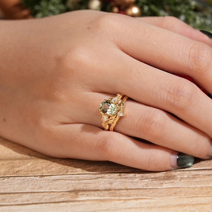 Oval Green Sapphire Nature Inspired Bridal Ring Set Stag Elven Ring Set
