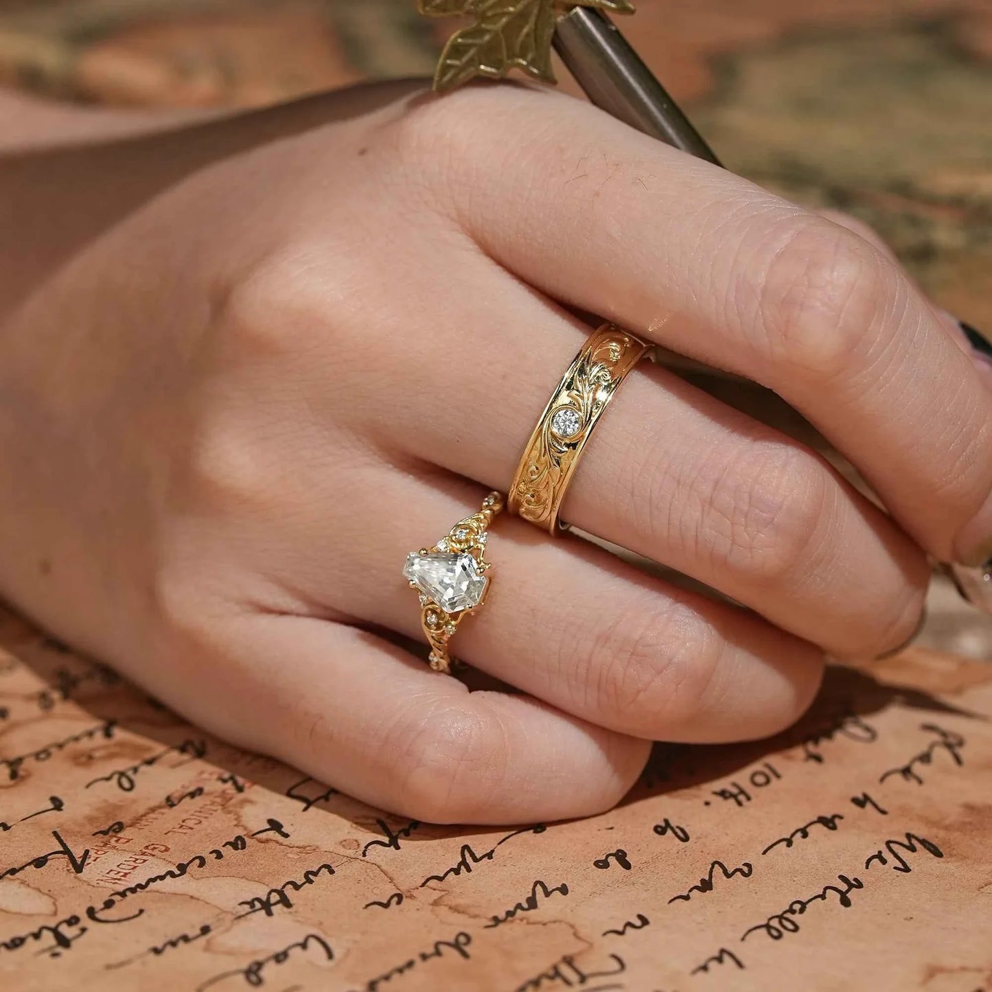 Coffin Cut Moissanite Leaf And Vine Couple Wedding Ring Set - Sherry & Ross