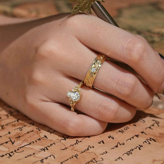 Coffin Cut Moissanite Leaf And Vine Couple Wedding Ring Set - Sherry & Ross