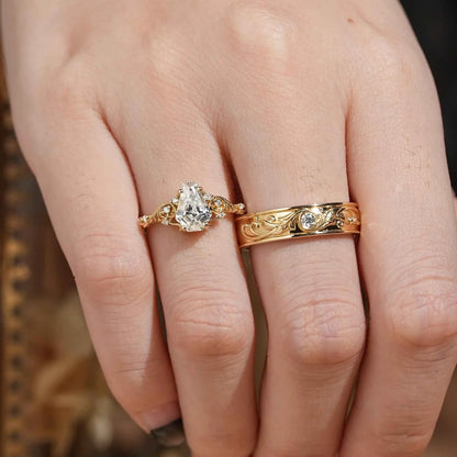 Coffin Cut Moissanite Leaf And Vine Couple Wedding Ring Set - Sherry & Ross