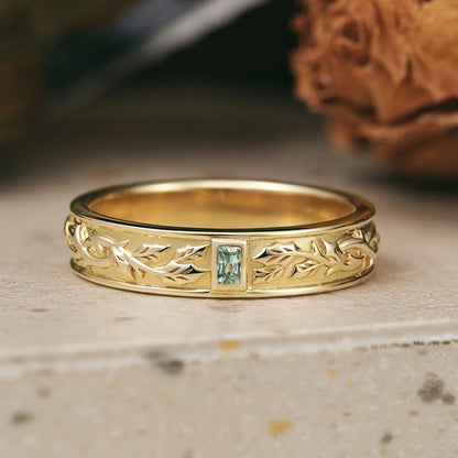 Bezel Baguette Cut Green Sapphire Nature Inspired Mistletoe Men's Ring - Harrison