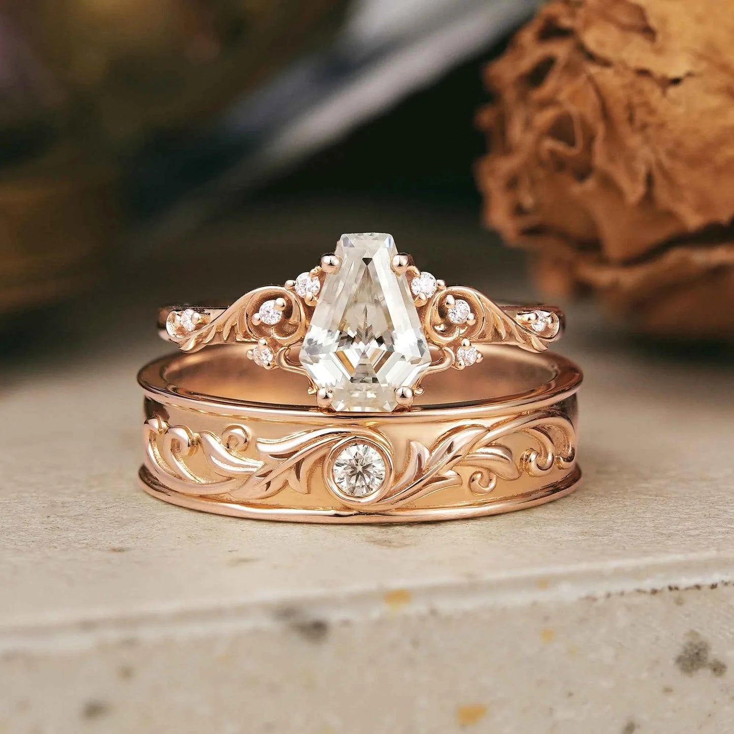 Coffin Cut Moissanite Leaf And Vine Couple Wedding Ring Set - Sherry & Ross