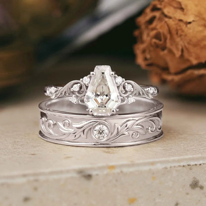Coffin Cut Moissanite Leaf And Vine Couple Wedding Ring Set - Sherry & Ross