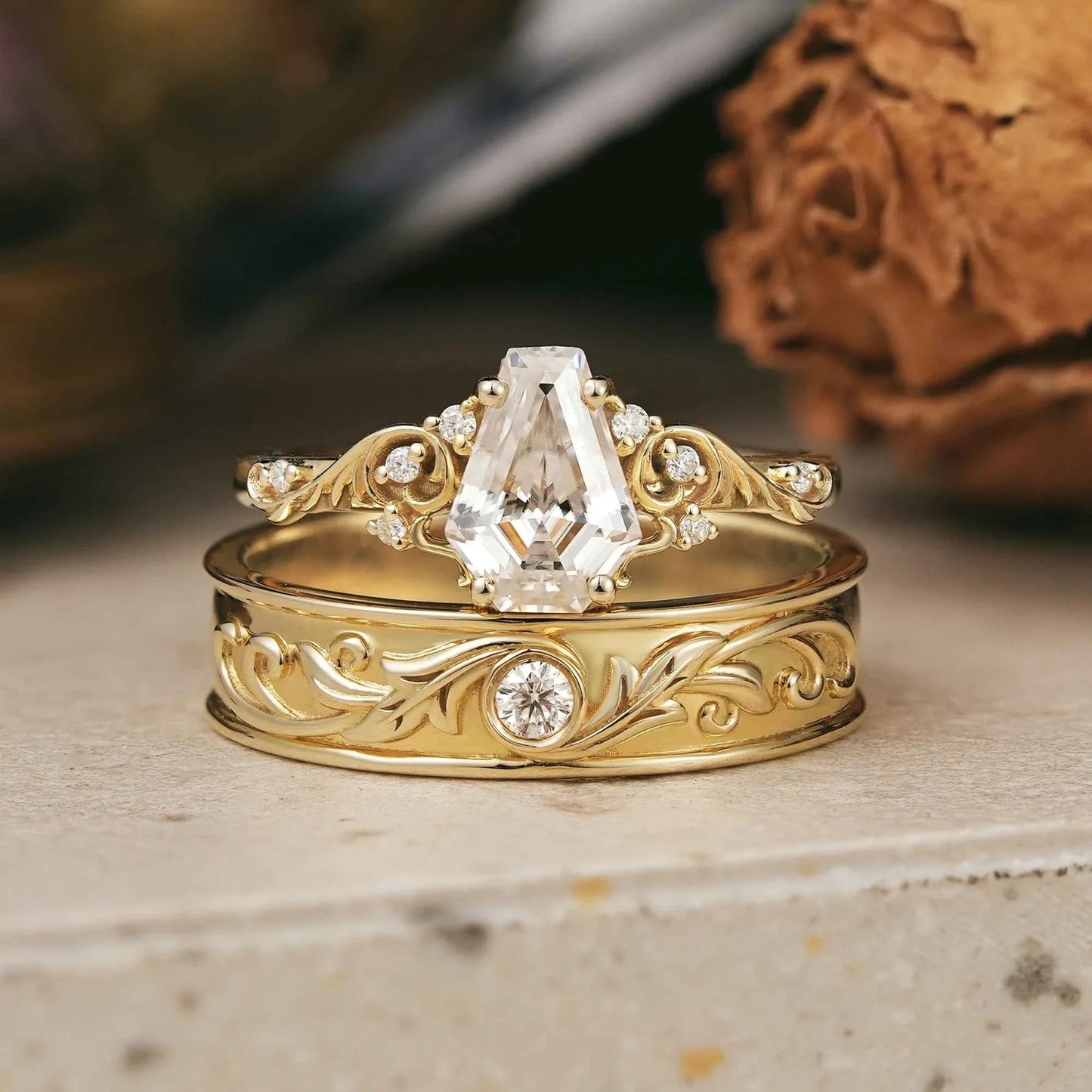 Coffin Cut Moissanite Leaf And Vine Couple Wedding Ring Set - Sherry & Ross