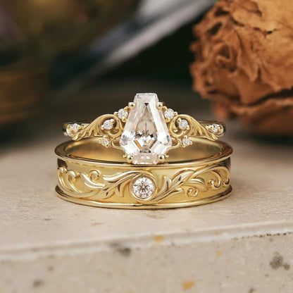 Coffin Cut Moissanite Leaf And Vine Couple Wedding Ring Set - Sherry & Ross