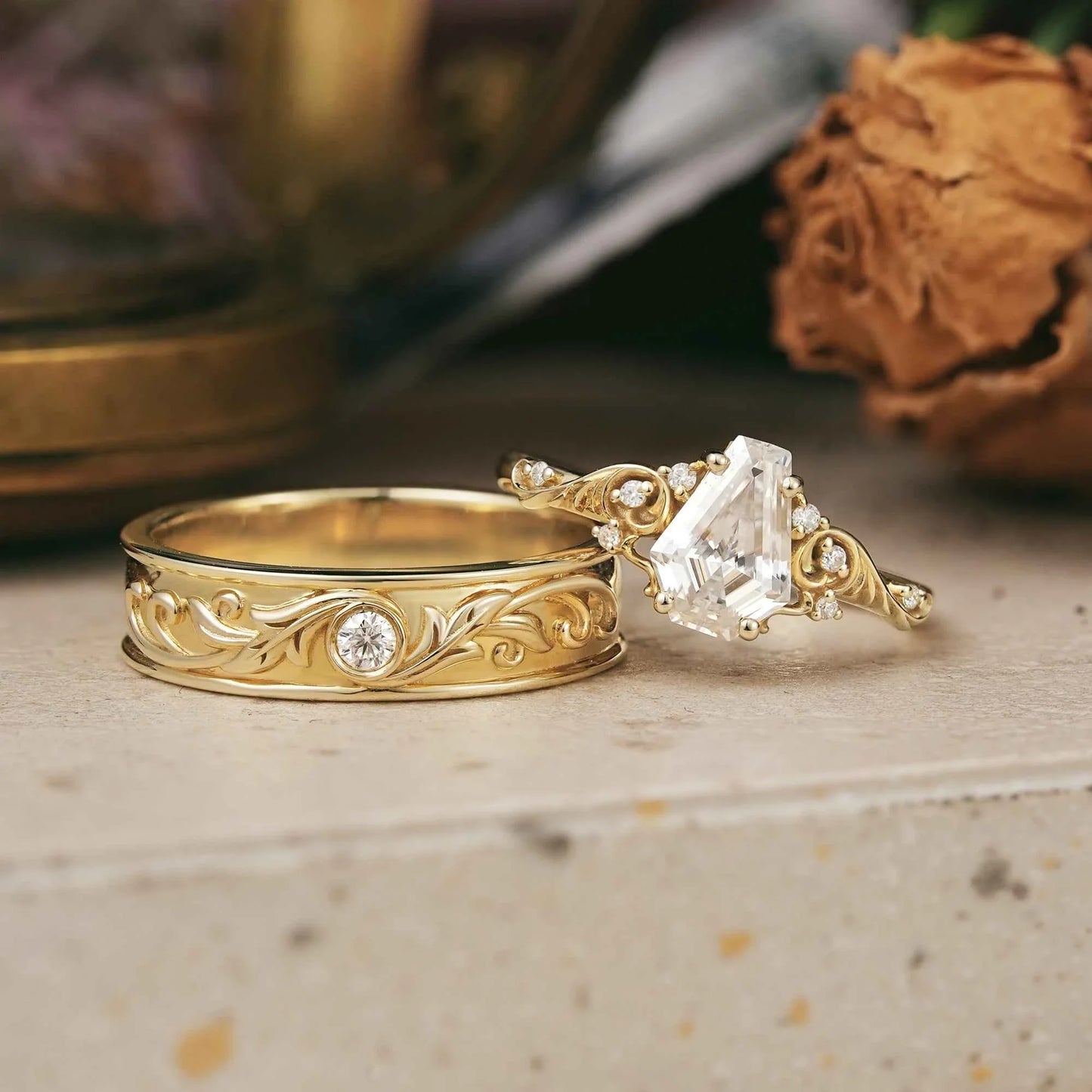 Coffin Cut Moissanite Leaf And Vine Couple Wedding Ring Set - Sherry & Ross