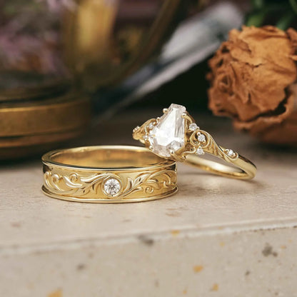 Coffin Cut Moissanite Leaf And Vine Couple Wedding Ring Set - Sherry & Ross