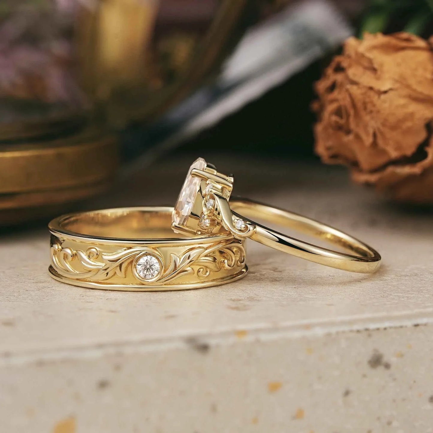 Coffin Cut Moissanite Leaf And Vine Couple Wedding Ring Set - Sherry & Ross