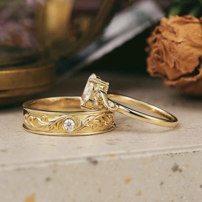 Coffin Cut Moissanite Leaf And Vine Couple Wedding Ring Set - Sherry & Ross