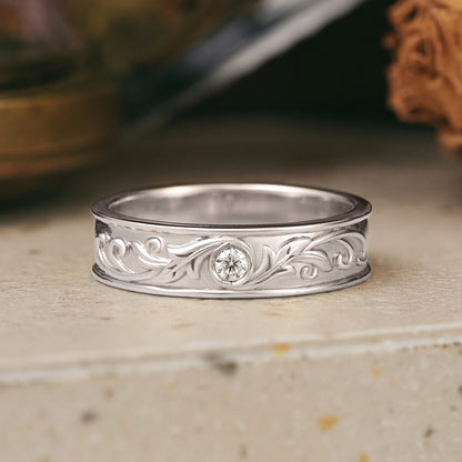 Nature Inspired Moissanite Leaf And Vine Men's Band - Ross