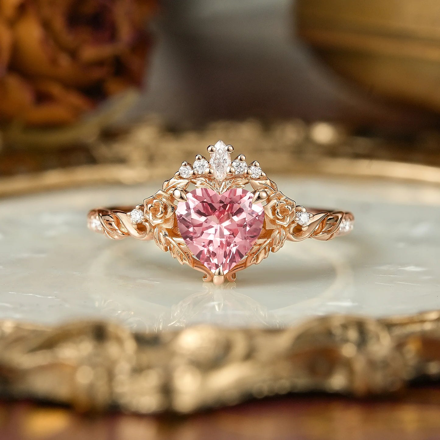 Heart Cut Pink Padparadscha Sapphire Flower Inspired Engagement Ring - Larissa