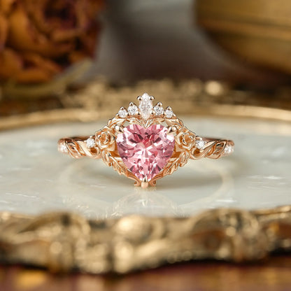 Heart Cut Pink Padparadscha Sapphire Flower Inspired Engagement Ring - Larissa