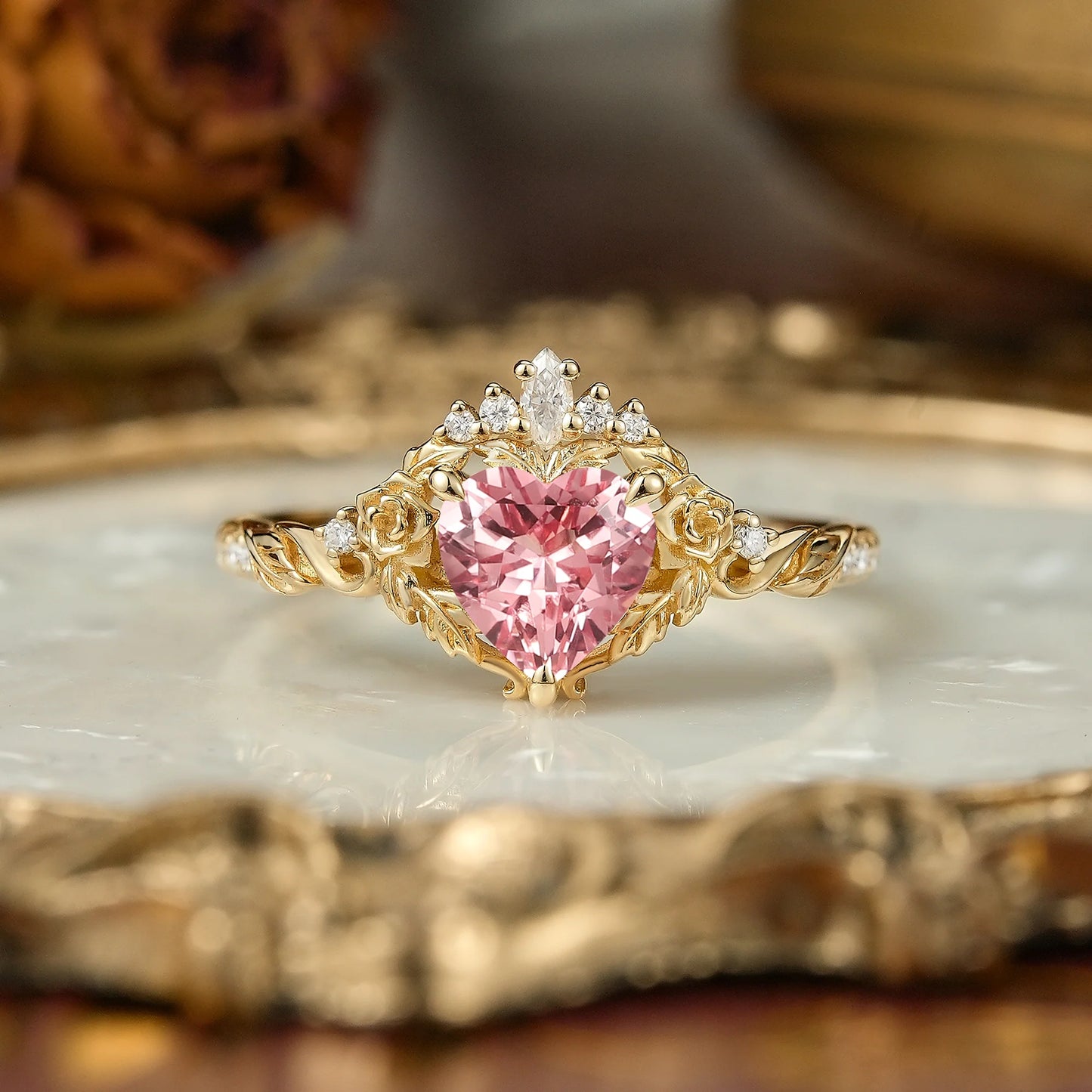 Heart Cut Pink Padparadscha Sapphire Flower Inspired Engagement Ring - Larissa