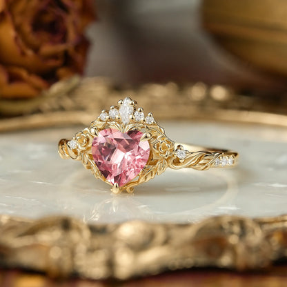 Heart Cut Pink Padparadscha Sapphire Flower Inspired Engagement Ring - Larissa