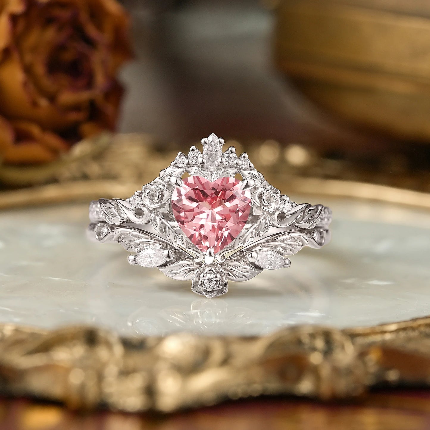 Flower Inspired Heart Cut Pink Padparadscha Sapphire Bridal Ring Set - Larissa & Beverly