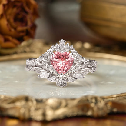 Flower Inspired Heart Cut Pink Padparadscha Sapphire Bridal Ring Set - Larissa & Beverly