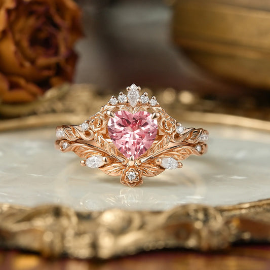 Flower Inspired Heart Cut Pink Padparadscha Sapphire Bridal Ring Set - Larissa & Beverly