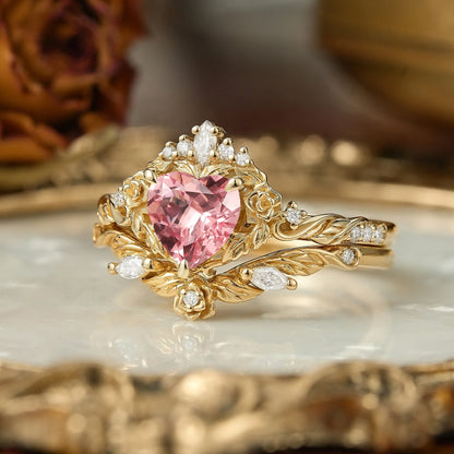 Flower Inspired Heart Cut Pink Padparadscha Sapphire Bridal Ring Set - Larissa & Beverly