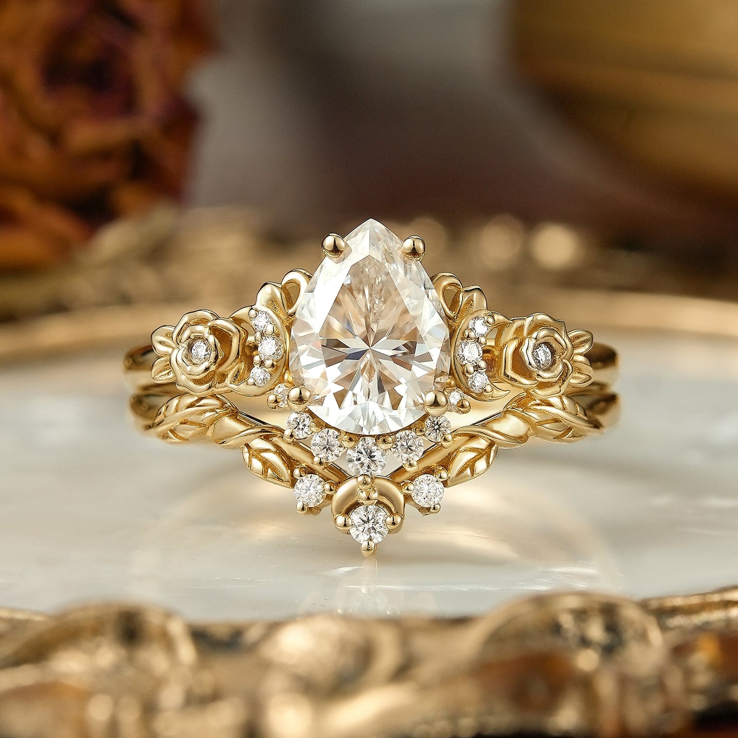 Pear Cut Moissanite Moon And Flower Inspired Bridal Ring Set