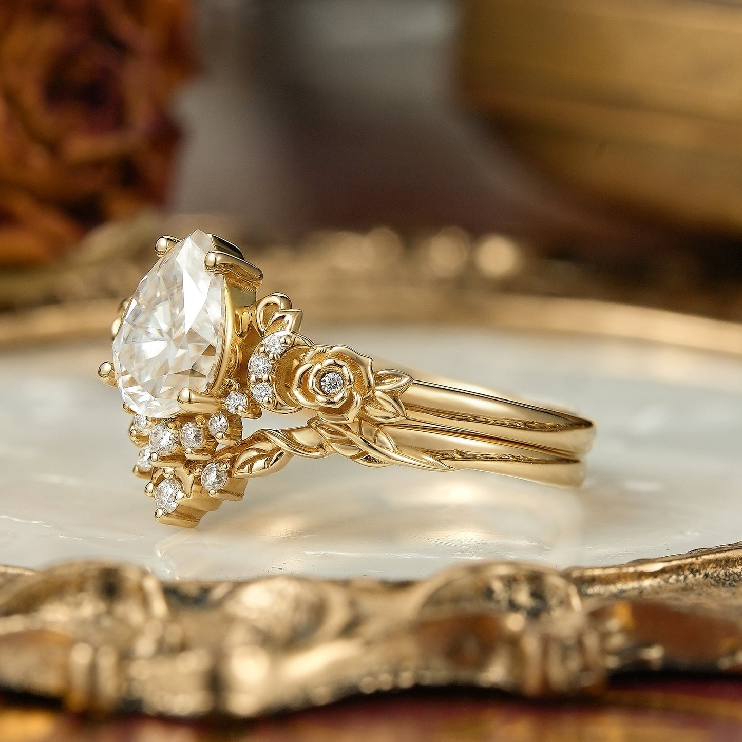 Pear Cut Moissanite Moon And Flower Inspired Bridal Ring Set