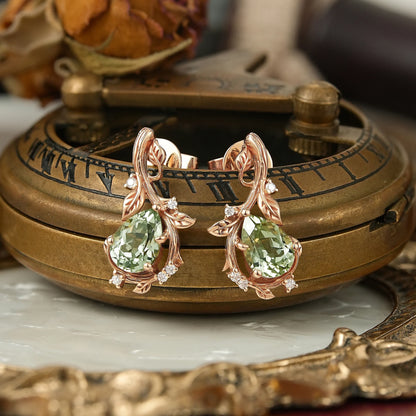 Nature Inspired Pear Green Sapphire Leaf And Bark Textured Earrings - Edith