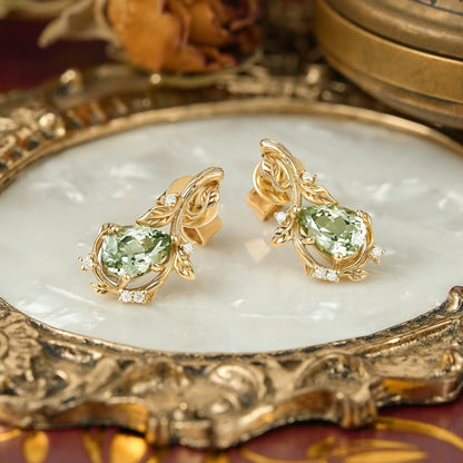 Nature Inspired Pear Green Sapphire Leaf And Bark Textured Earrings - Edith