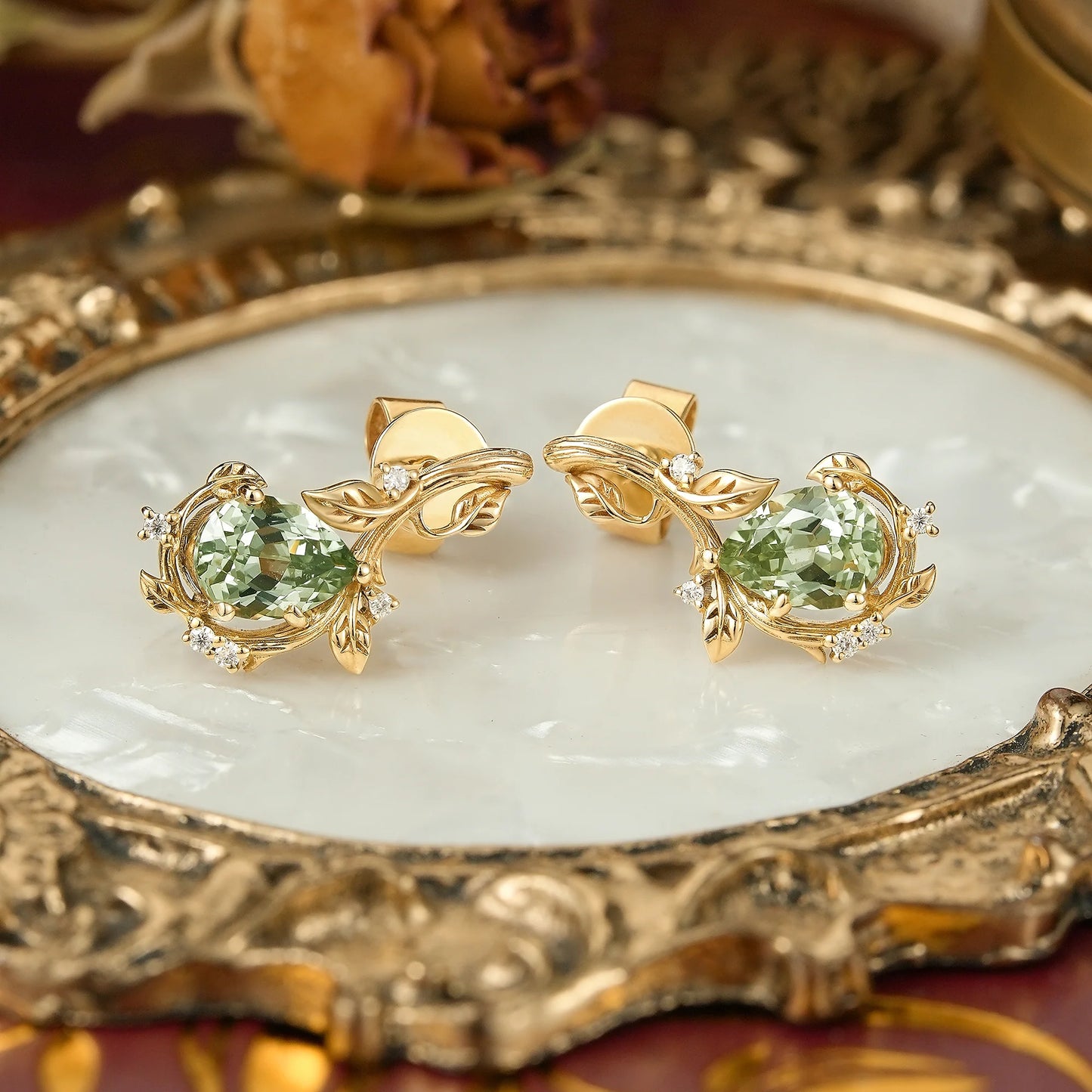 Nature Inspired Pear Green Sapphire Leaf And Bark Textured Earrings - Edith