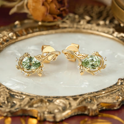 Nature Inspired Pear Green Sapphire Leaf And Bark Textured Earrings - Edith