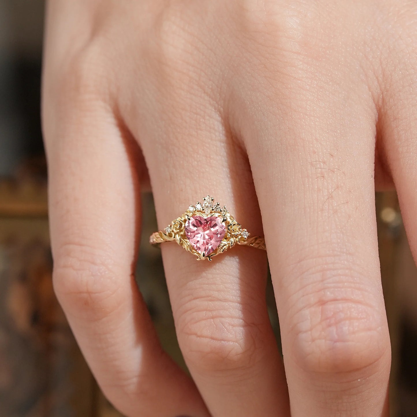 Heart Cut Pink Padparadscha Sapphire Flower Inspired Engagement Ring - Larissa