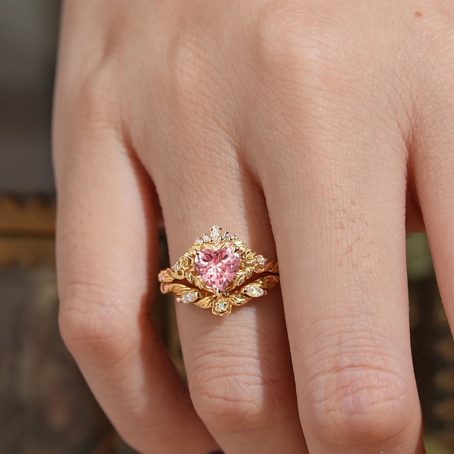 Flower Inspired Heart Cut Pink Padparadscha Sapphire Bridal Ring Set - Larissa & Beverly