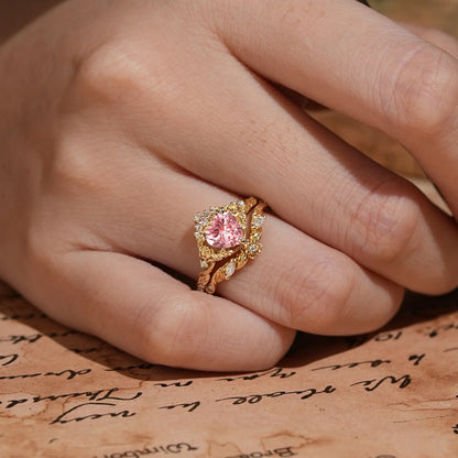 Flower Inspired Heart Cut Pink Padparadscha Sapphire Bridal Ring Set - Larissa & Beverly
