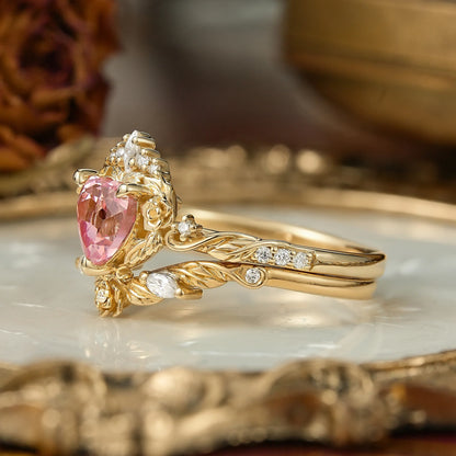 Flower Inspired Heart Cut Pink Padparadscha Sapphire Bridal Ring Set - Larissa & Beverly