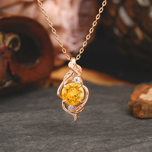 Leaf Themed Round Cut Citrine Pendant Necklace Anniversary Gifts For Women