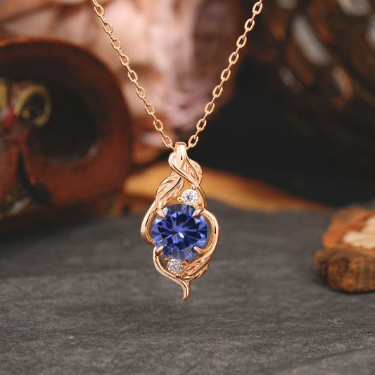 Leaf Themed Round Cut Tanzanite Pendant Necklace Anniversary Gifts For Women