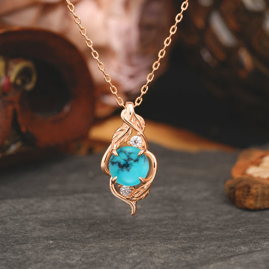 Leaf Themed Round Cut Turquoise Pendant Necklace Anniversary Gifts For Women