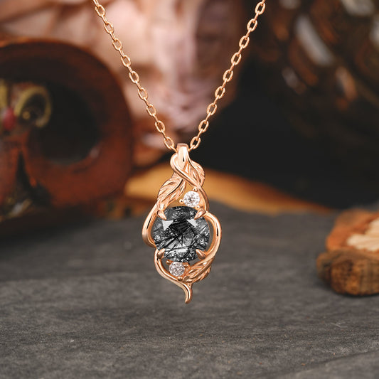 Leaf Themed Round Cut Black Rutilated Quartz Pendant Necklace Anniversary Gifts For Women