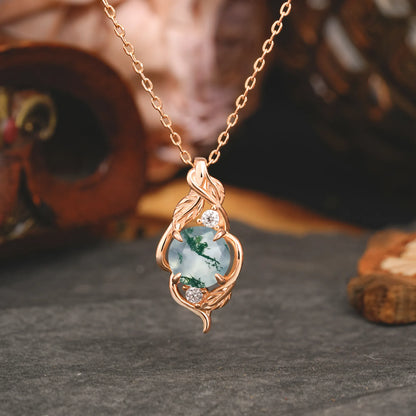 Leaf Themed Round Cut Moss Agate Pendant Necklace Anniversary Gifts For Women