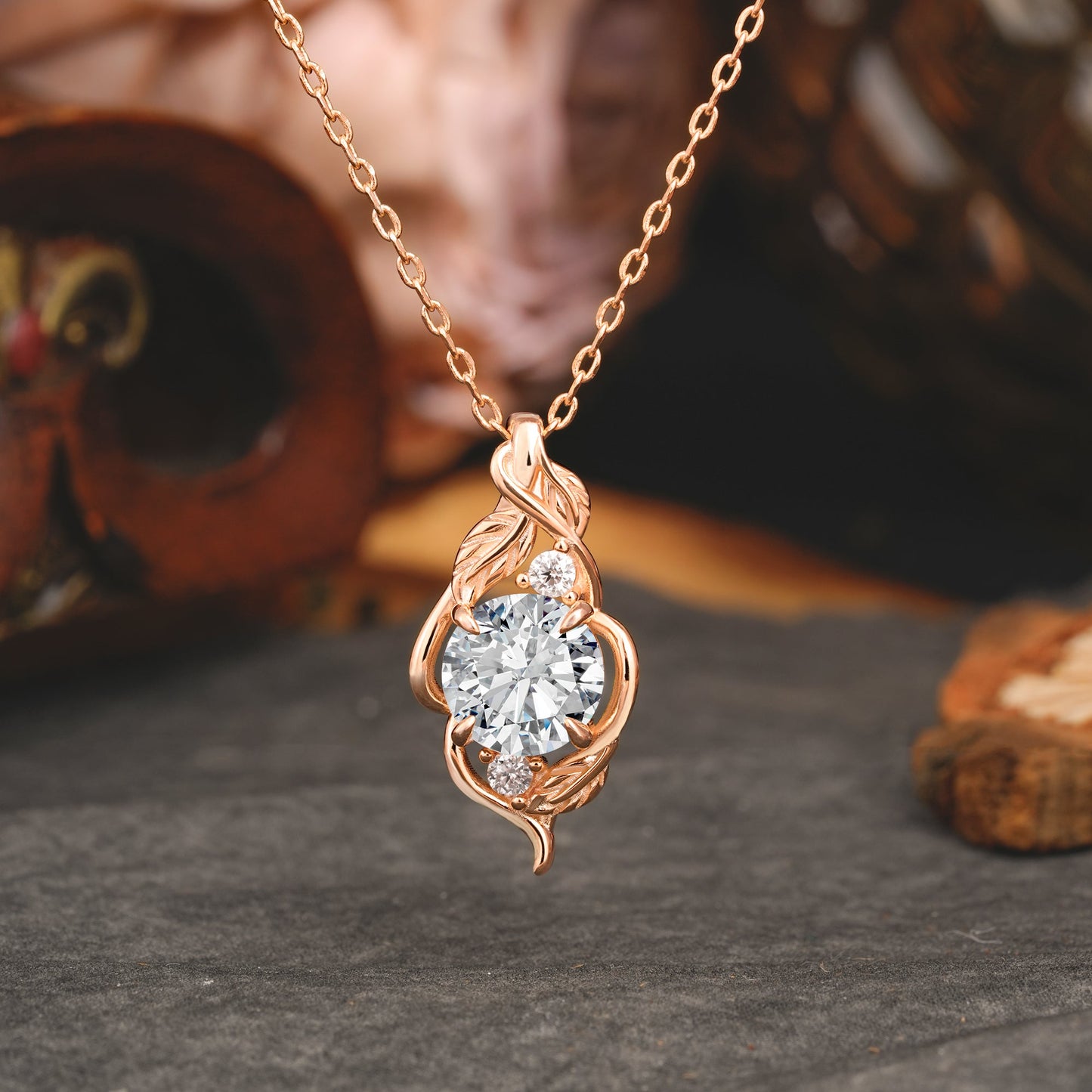 Leaf Themed Round Cut Lab Diamond Pendant Necklace Anniversary Gifts For Women