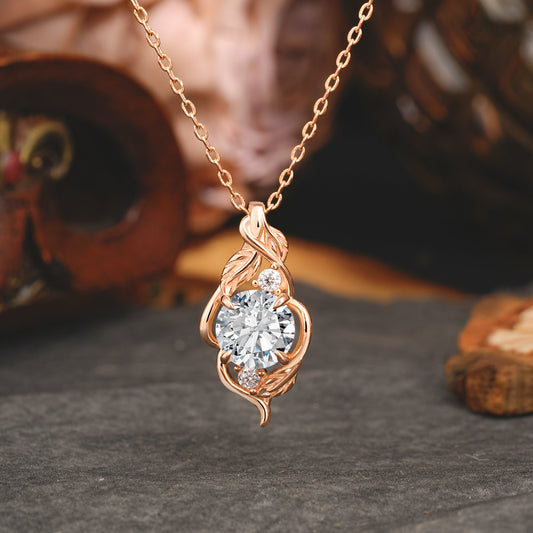 Leaf Themed Round Cut Lab Diamond Pendant Necklace Anniversary Gifts For Women