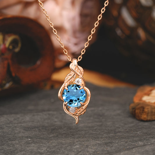 Leaf Themed Round Cut Aquamarine Pendant Necklace Anniversary Gifts For Women