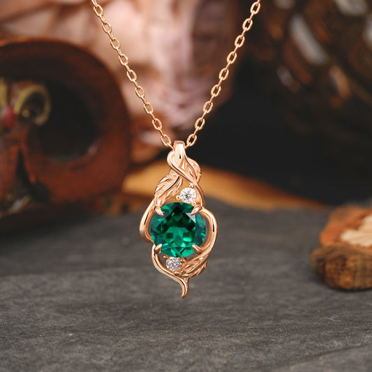 Leaf Themed Round Cut Emerald Pendant Necklace Anniversary Gifts For Women