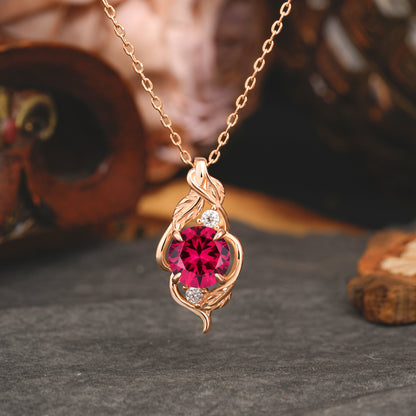 Leaf Themed Round Cut Ruby Pendant Necklace Anniversary Gifts For Women