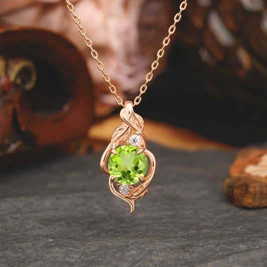 Leaf Themed Round Cut Peridot Pendant Necklace Anniversary Gifts For Women