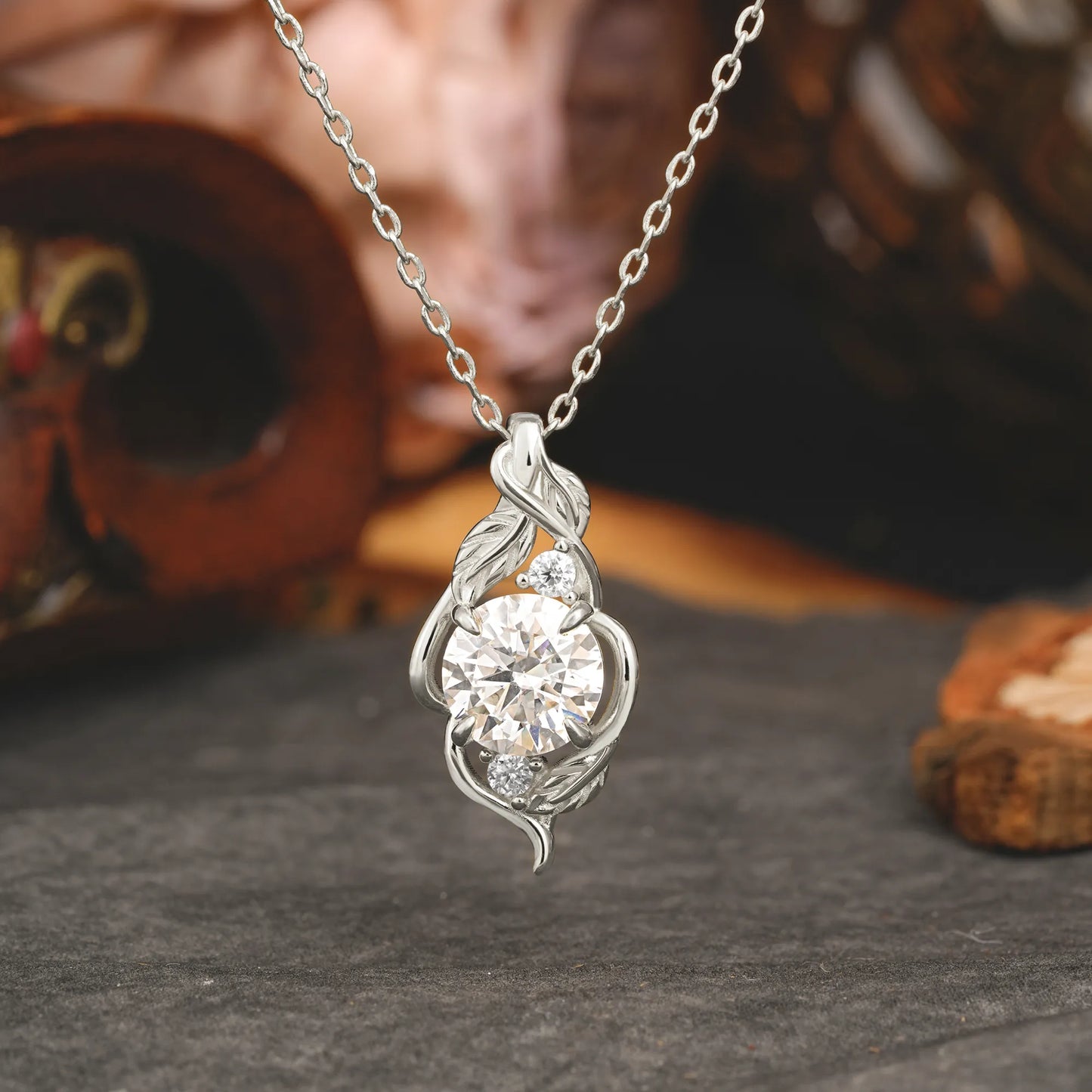 Leaf Themed Round Cut Moissanite Pendant Necklace Anniversary Gifts For Women
