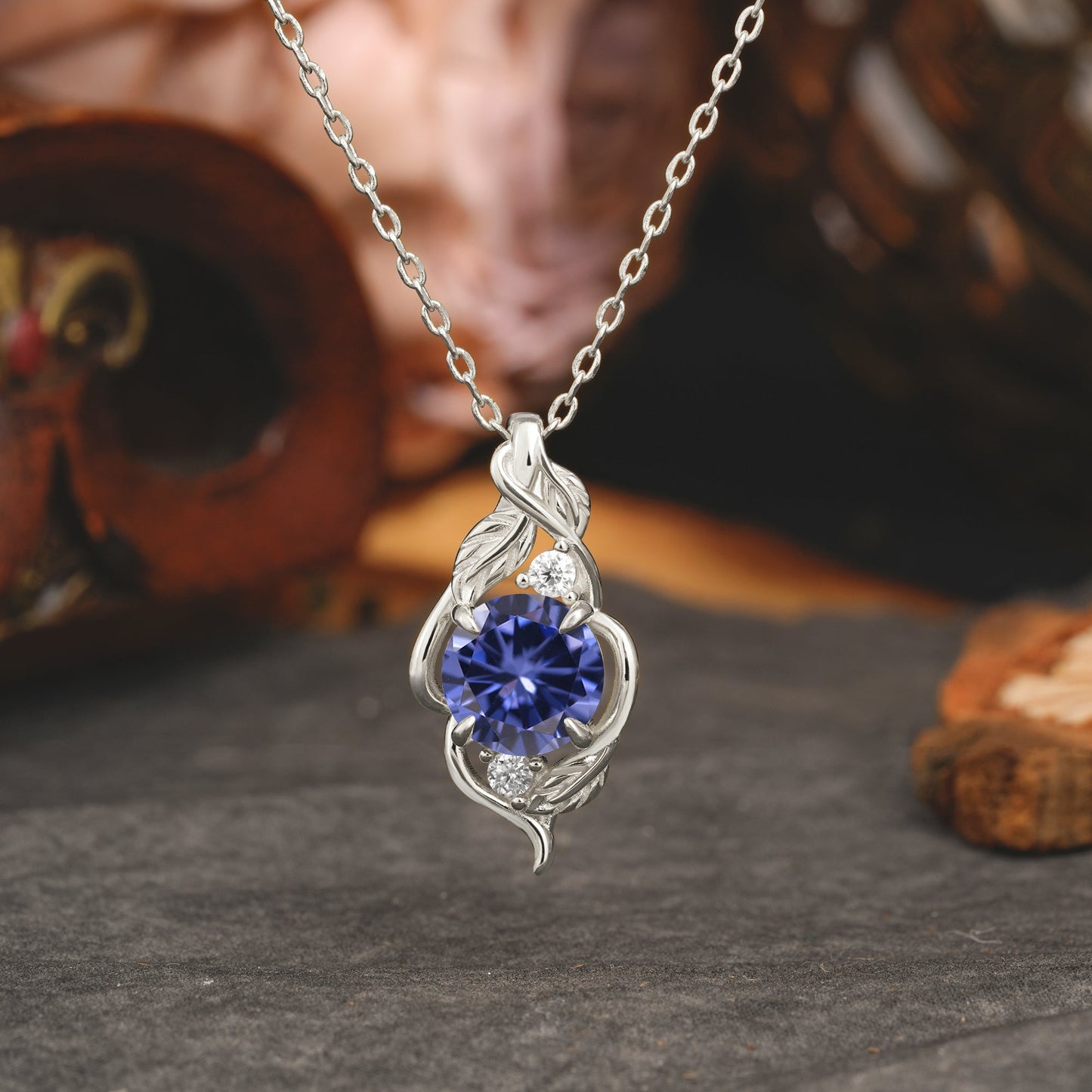 Leaf Themed Round Cut Tanzanite Pendant Necklace Anniversary Gifts For Women